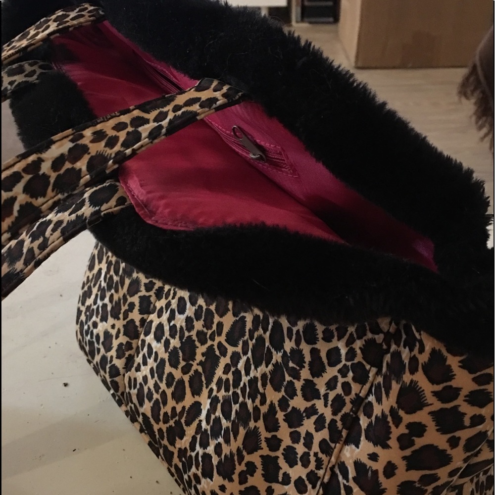Small open dog purse with fur trim